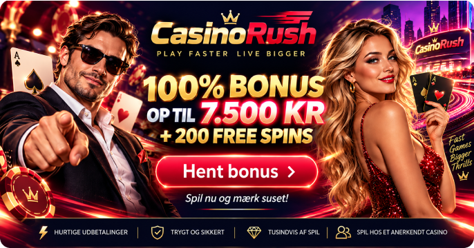 CasinoRush bonus â 100% op til 7.500 kr. + 200 Free Spins